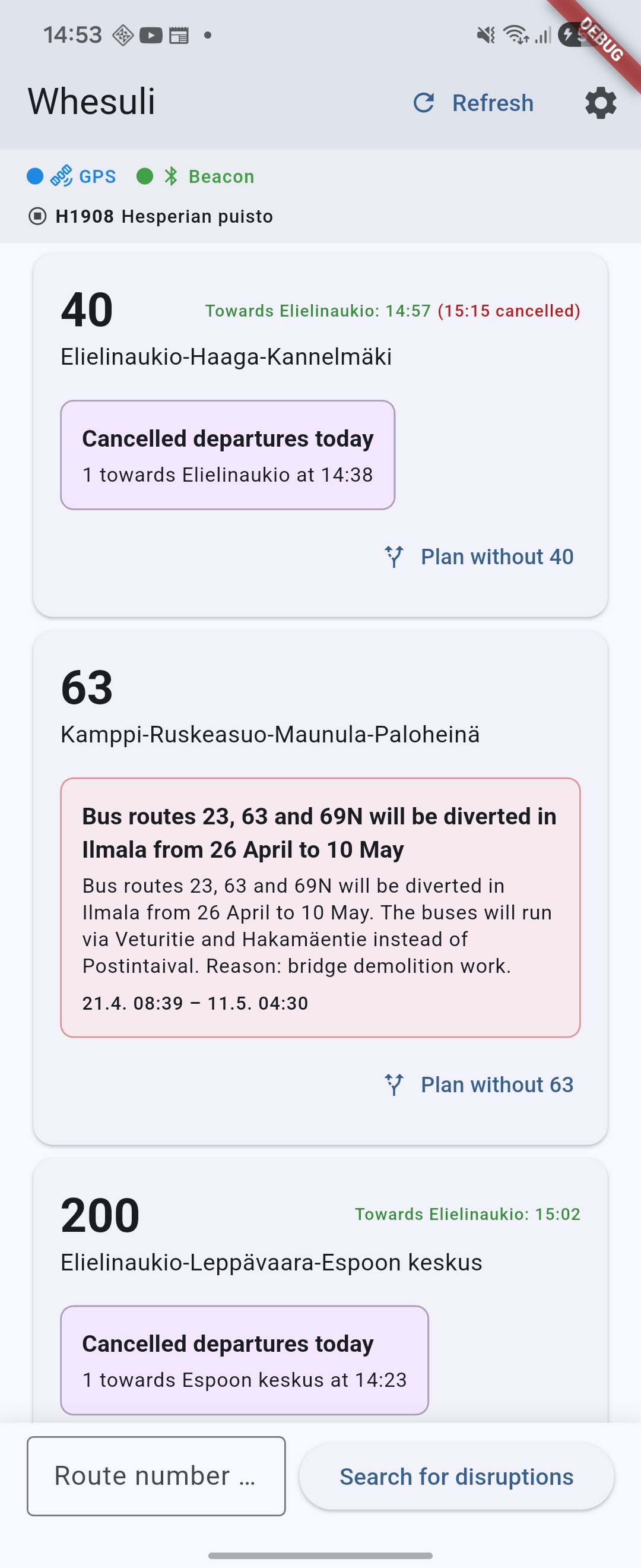 Whesuli-mobiilisovelluksen kuvakaappaus, näyttää lähellä olevat HSL-reitit häiriötietoineen